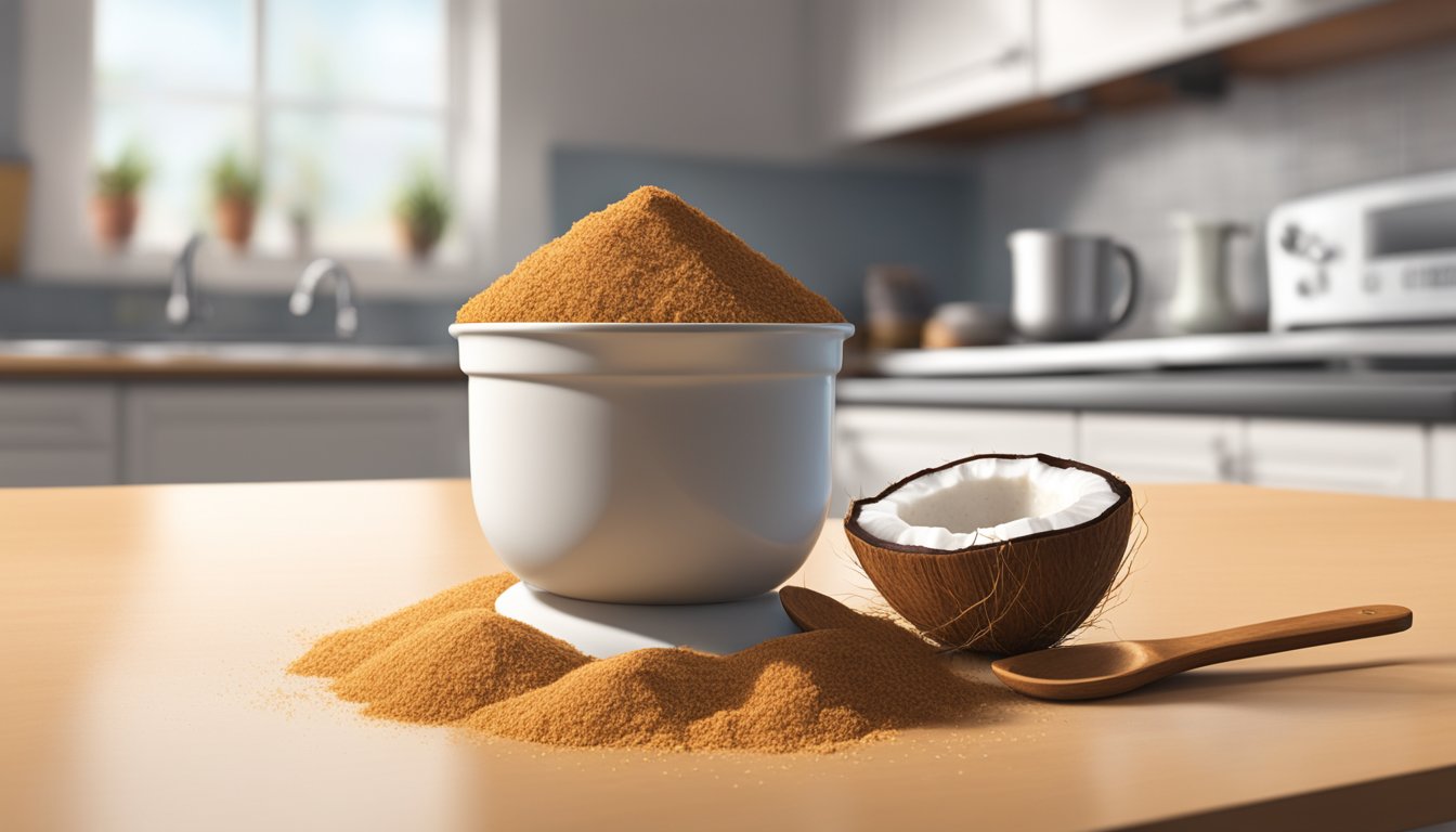 A measuring cup filled with coconut sugar spilling over onto a kitchen counter, with a pound of coconut sugar in the background