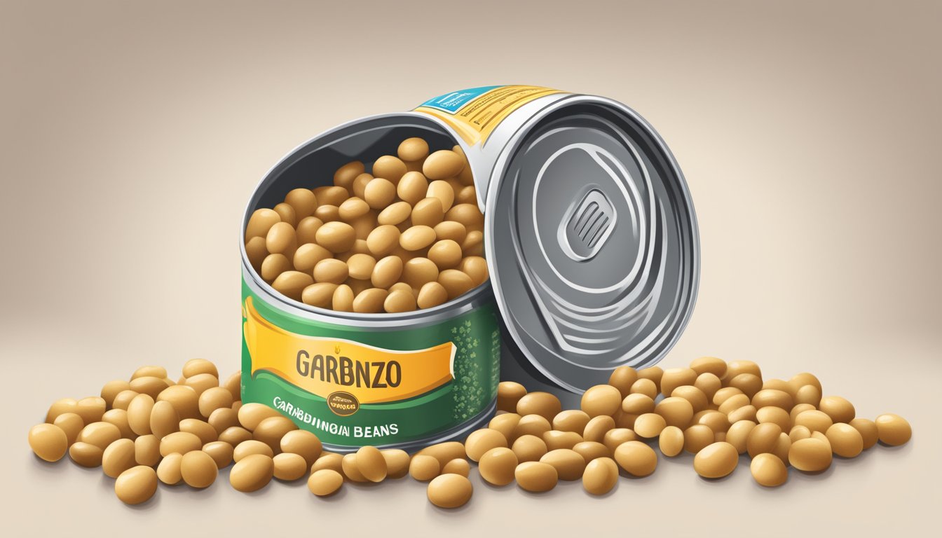 A can of garbanzo beans sits open with beans spilling out, next to a measuring cup showing the number of ounces