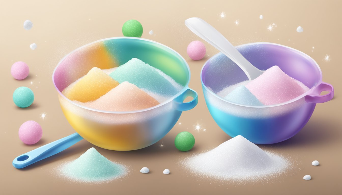 A measuring cup filled with icing sugar, surrounded by scattered tablespoons