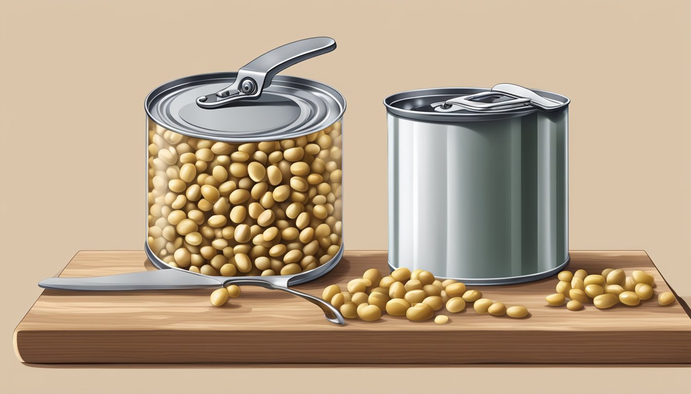 A can of garbanzo beans being opened with a can opener, with the beans spilling out onto a cutting board