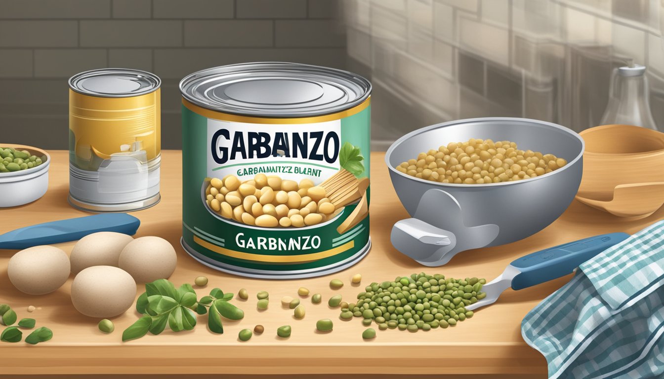 A can of garbanzo beans sits on a kitchen counter, surrounded by various cooking utensils and ingredients. The can is open, and the beans inside are spilling out onto the counter