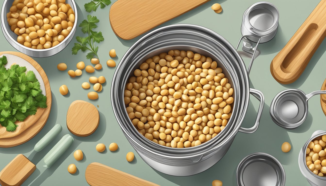 A can of garbanzo beans sits open on a kitchen counter, surrounded by various cooking utensils and a measuring cup