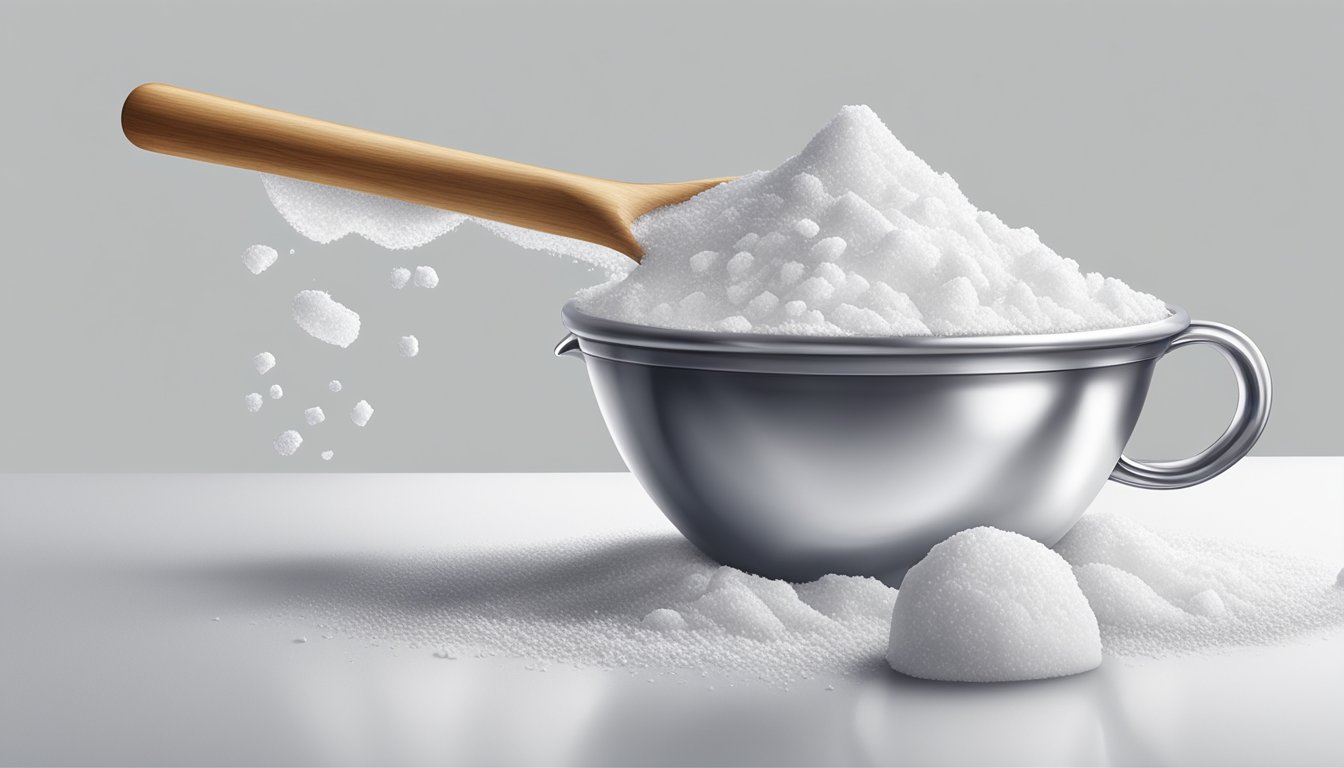 A pound of icing sugar spilling from a measuring cup onto a clean white surface