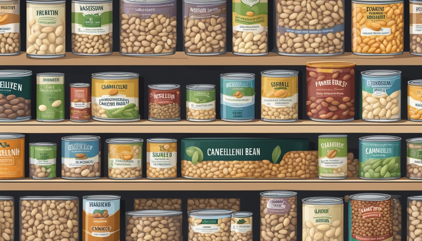 A can of cannellini beans, labeled with the weight in ounces, surrounded by other types of canned beans on a pantry shelf