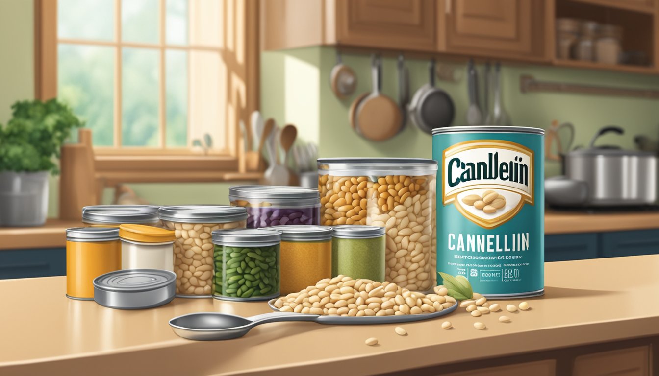 A can of cannellini beans sitting on a kitchen countertop, surrounded by other canned goods and cooking utensils