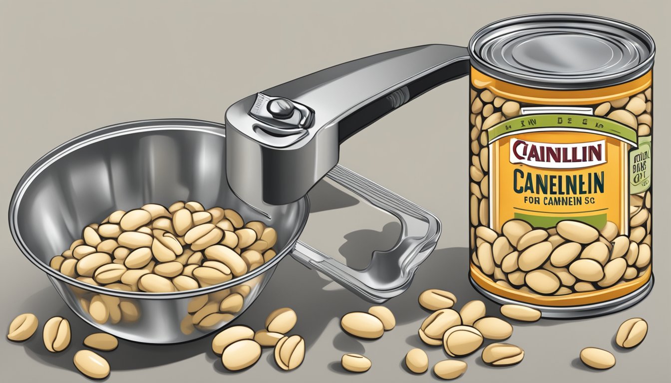 A can of cannellini beans being opened with a can opener, beans pouring into a measuring cup showing the ounces