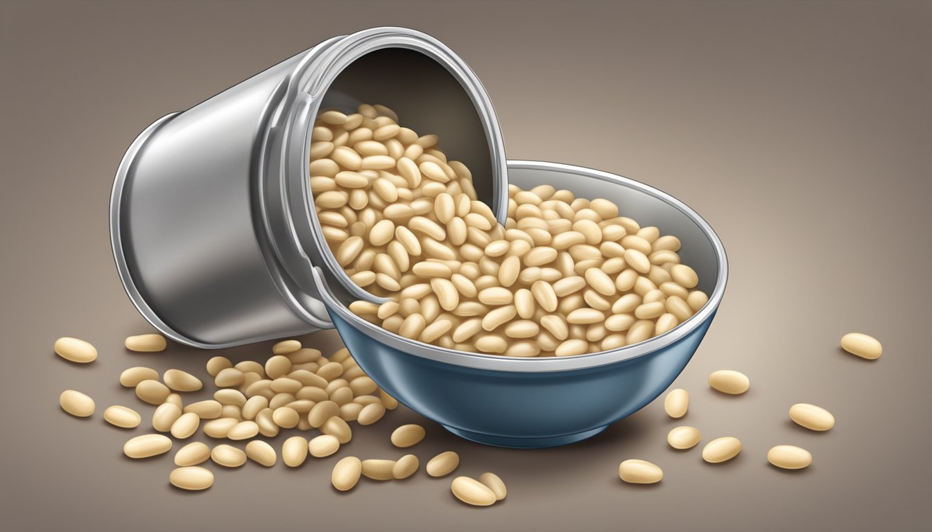 A can of cannellini beans pouring out into a bowl, with the label facing outward