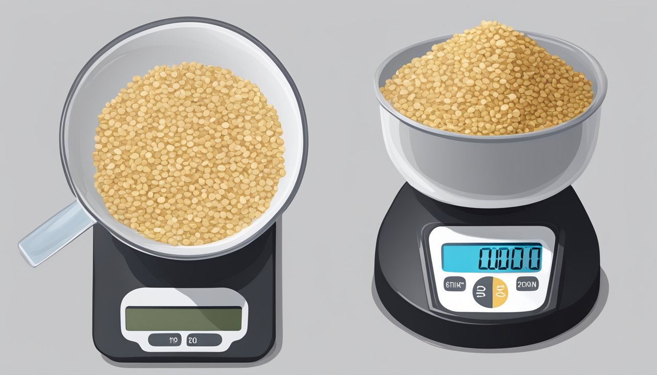 A measuring cup filled with sesame seeds next to a scale showing one pound