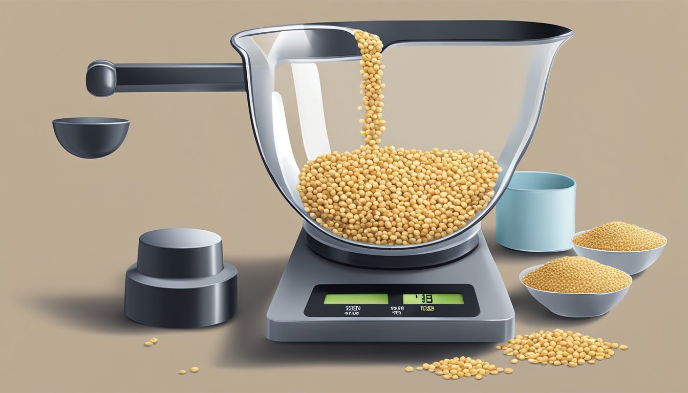 A measuring cup filled with sesame seeds pouring into a scale, with a pound weight displayed on the scale