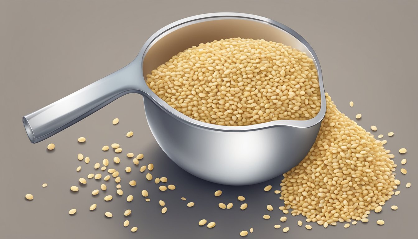 A pile of sesame seeds spilling out of a measuring cup, with a scale showing the weight in pounds