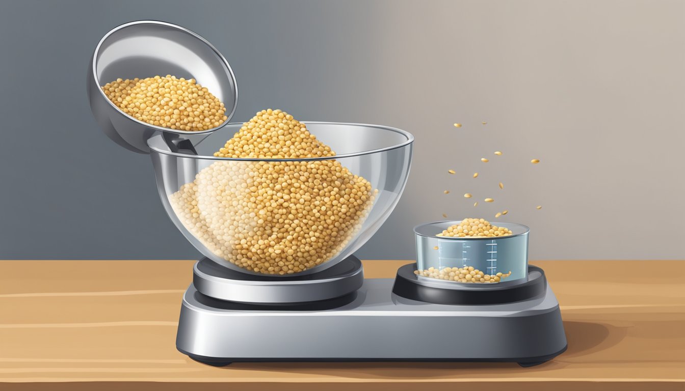 A measuring cup filled with sesame seeds spilling out of a bag onto a scale, showing the weight in pounds