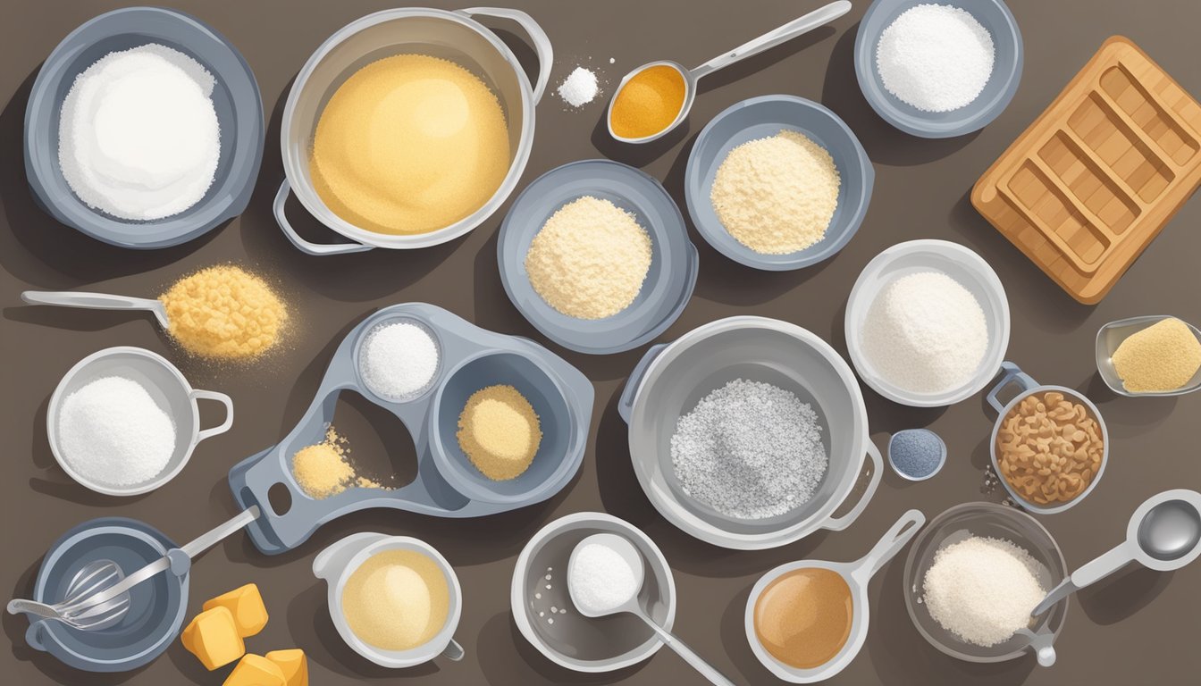 A table with a variety of measuring cups and spoons, surrounded by bowls of flour, sugar, and other waffle ingredients. A scale sits nearby for precise measurements