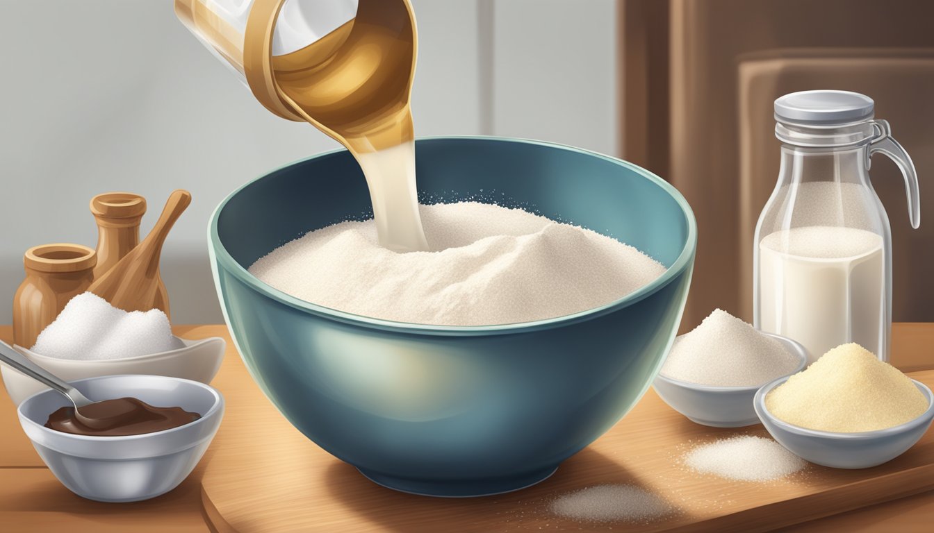 A clear measuring cup pouring flour into a mixing bowl, with a bag of sugar and a bottle of vanilla extract nearby