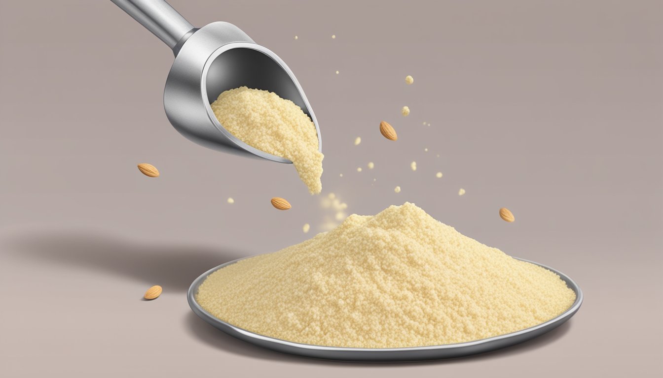 A pound of almond flour pouring into a measuring spoon, with several tablespoons filled to demonstrate the conversion