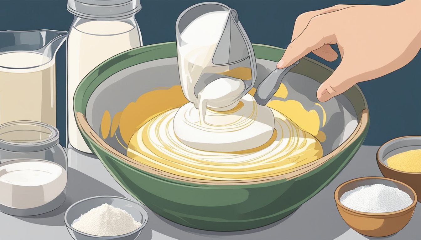 A hand pouring flour, sugar, and baking powder into a mixing bowl. Another hand cracking eggs and adding milk. Ingredients neatly arranged on the counter