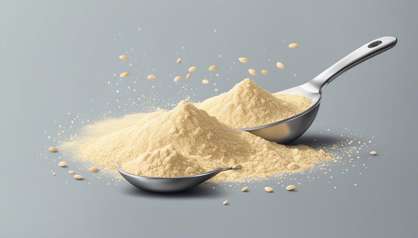 A pound of almond flour pouring into a measuring spoon, with additional loose flour scattered around