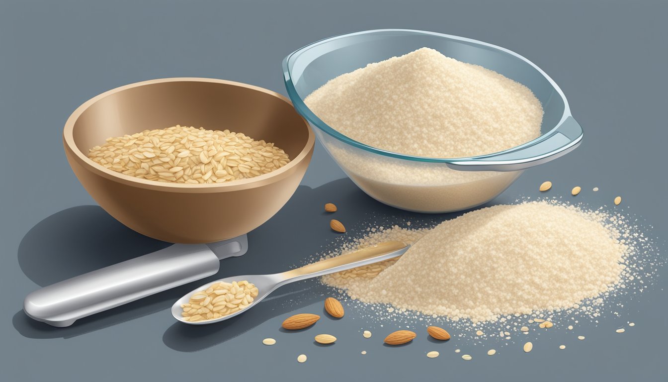 A pound of almond meal spills from a measuring cup onto a kitchen scale, showing the equivalent in tablespoons