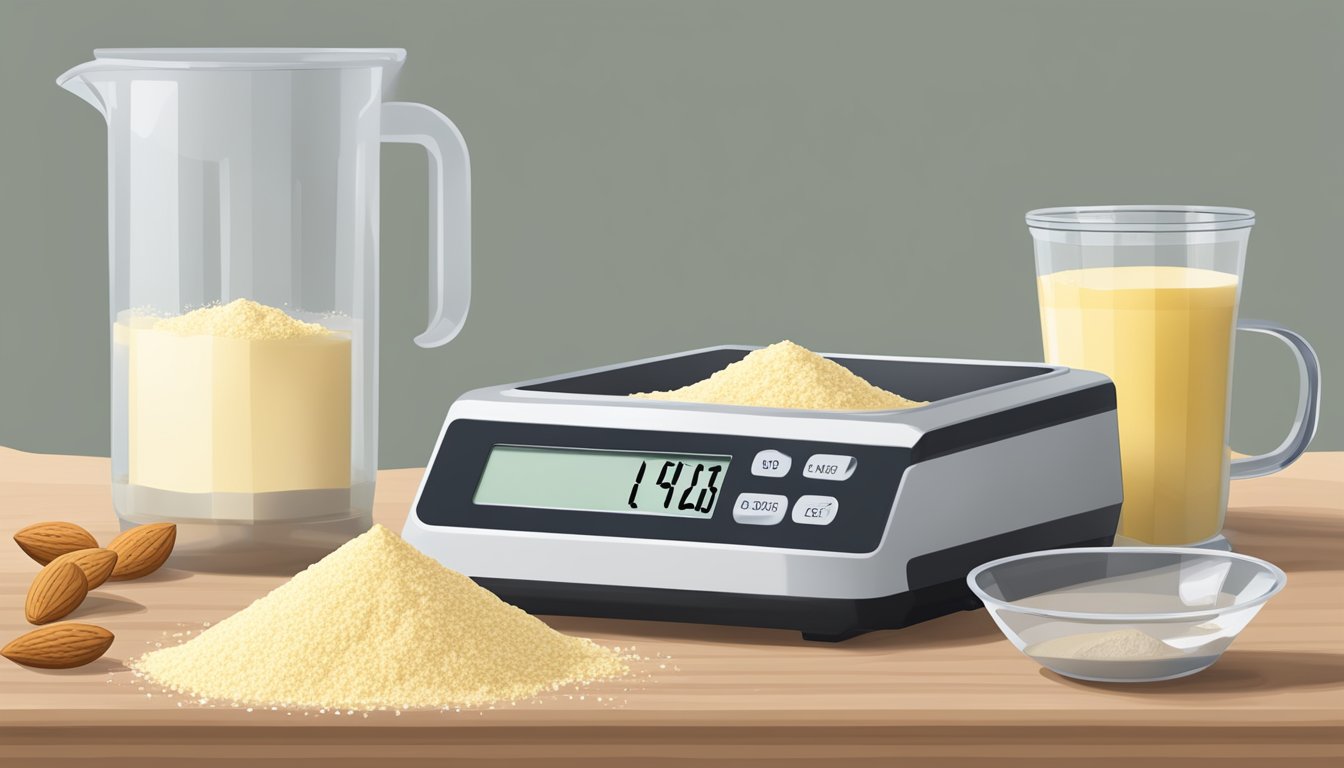 A measuring cup filled with almond flour next to a digital scale displaying one pound