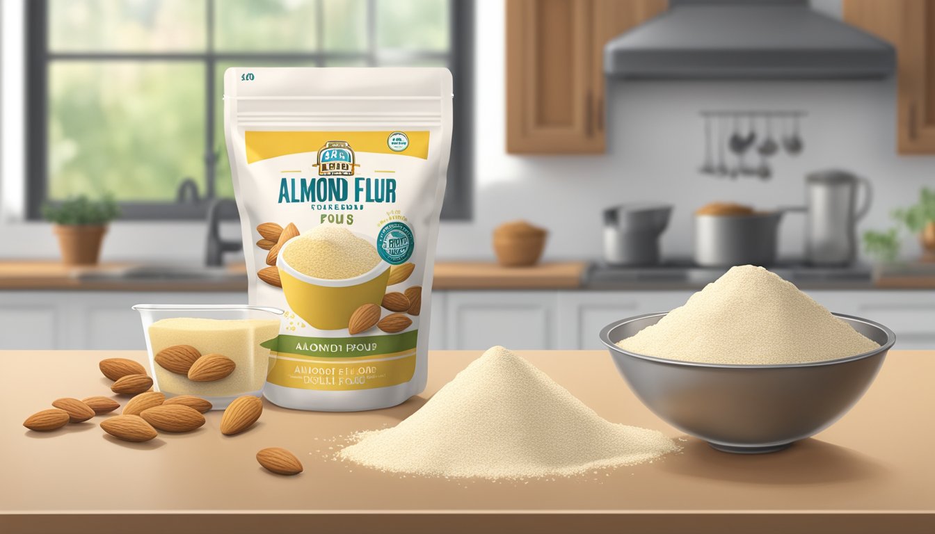 A measuring cup filled with almond flour spills onto a kitchen counter, with a pound bag of almond flour nearby