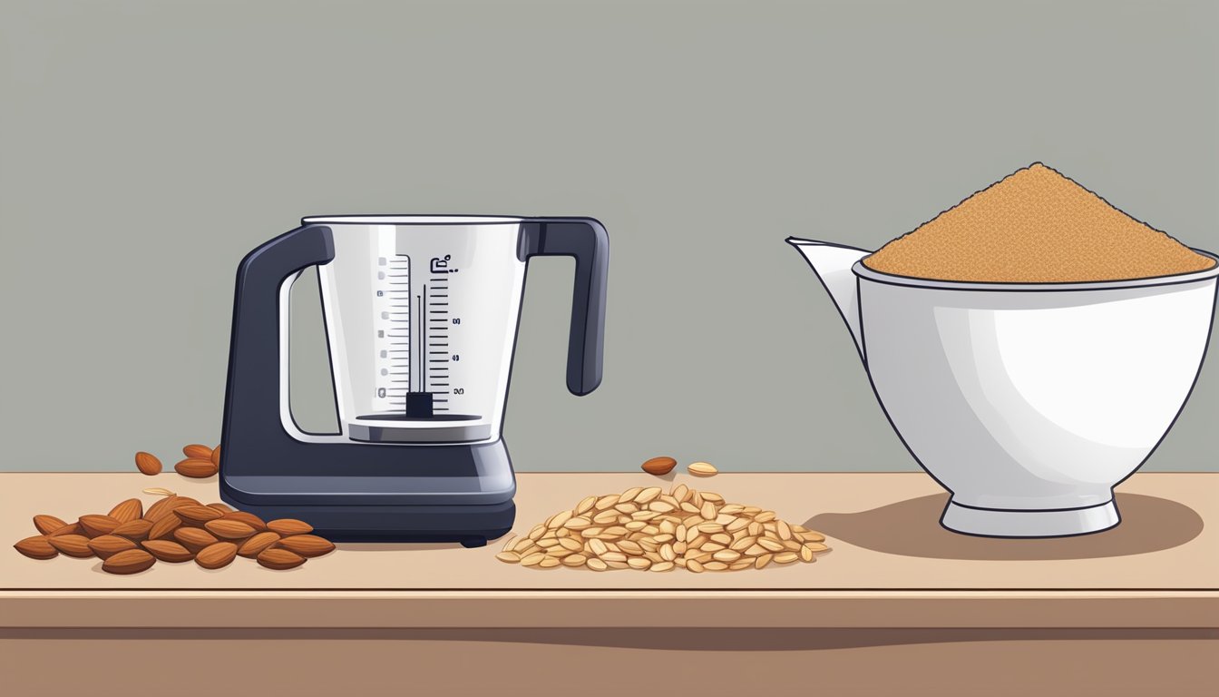 A measuring cup filled with almond meal, next to a pile of almonds and a table with a digital scale