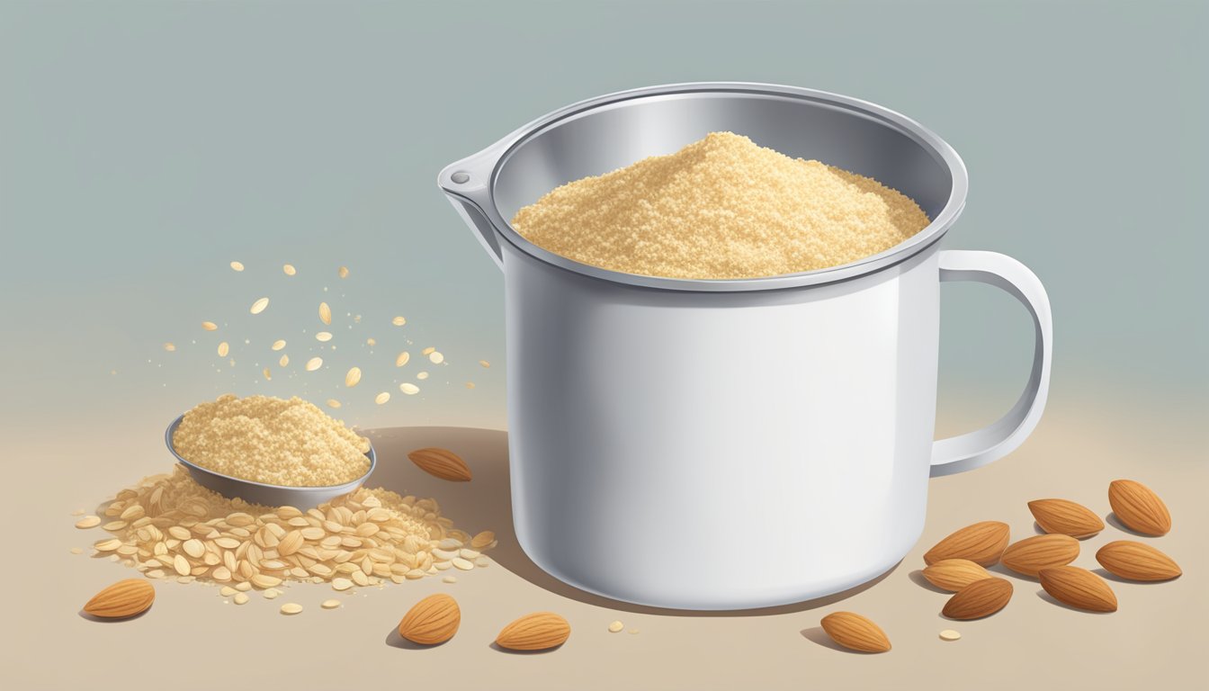 A pound of almond meal spills from a measuring cup, with scattered tablespoons nearby