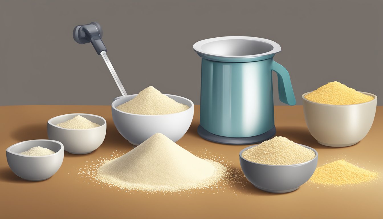 A pile of almond flour spills from a measuring cup onto a scale, showing the weight in pounds and the equivalent measurement in tablespoons