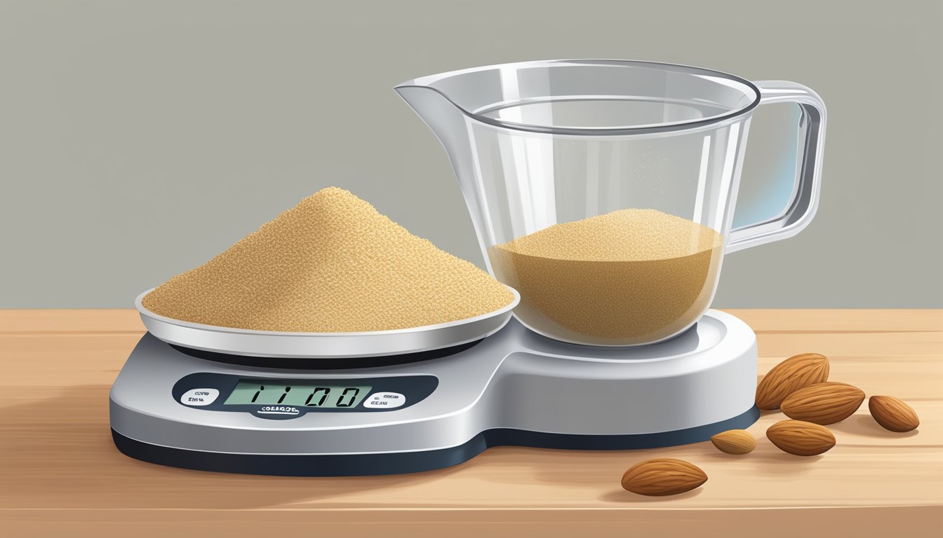 A pound of almond meal spills from a measuring cup onto a kitchen scale