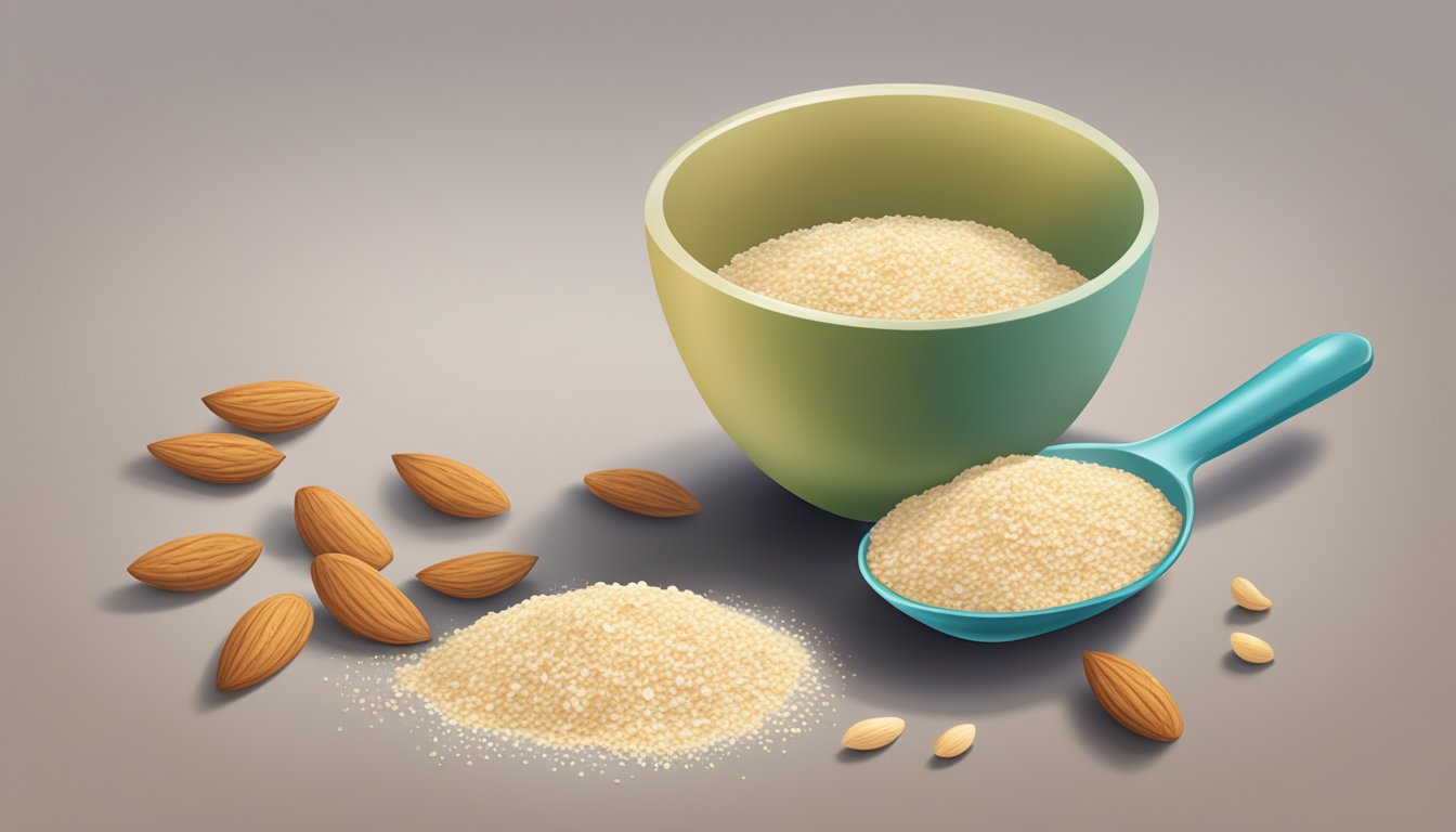 A pound of almond meal spilling out of a measuring cup, with scattered tablespoons nearby