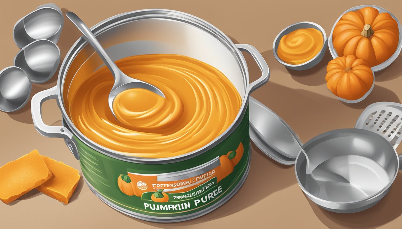 A can of pumpkin puree sits on a kitchen counter, surrounded by measuring cups and spoons. The can is open, with some puree spilling out onto the counter