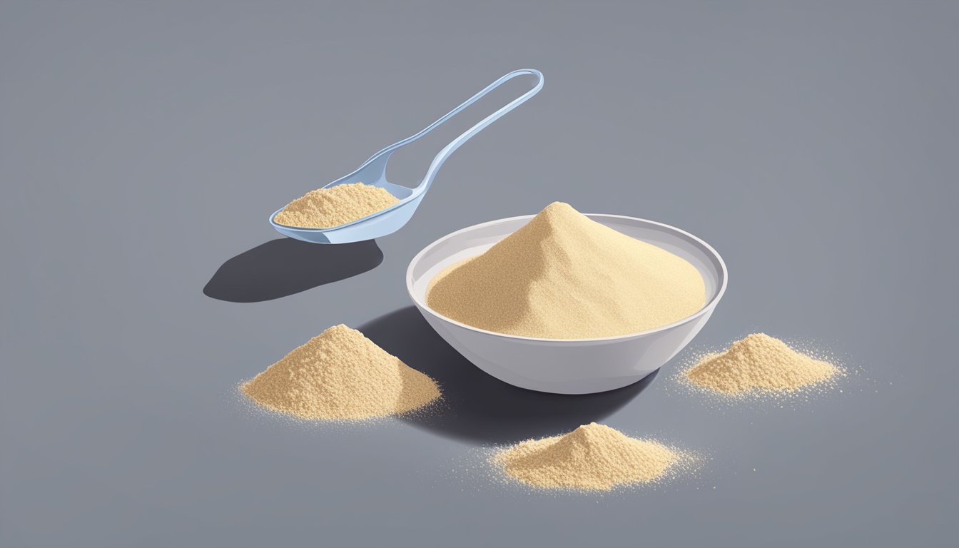 A measuring cup filled with amaranth flour, with a pile of the flour next to it and a tablespoon resting on the side