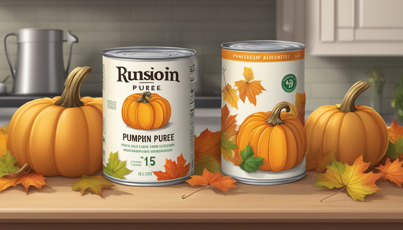 A can of pumpkin puree sits on a kitchen counter, surrounded by autumn leaves and a pumpkin. The label on the can reads "15 ounces."