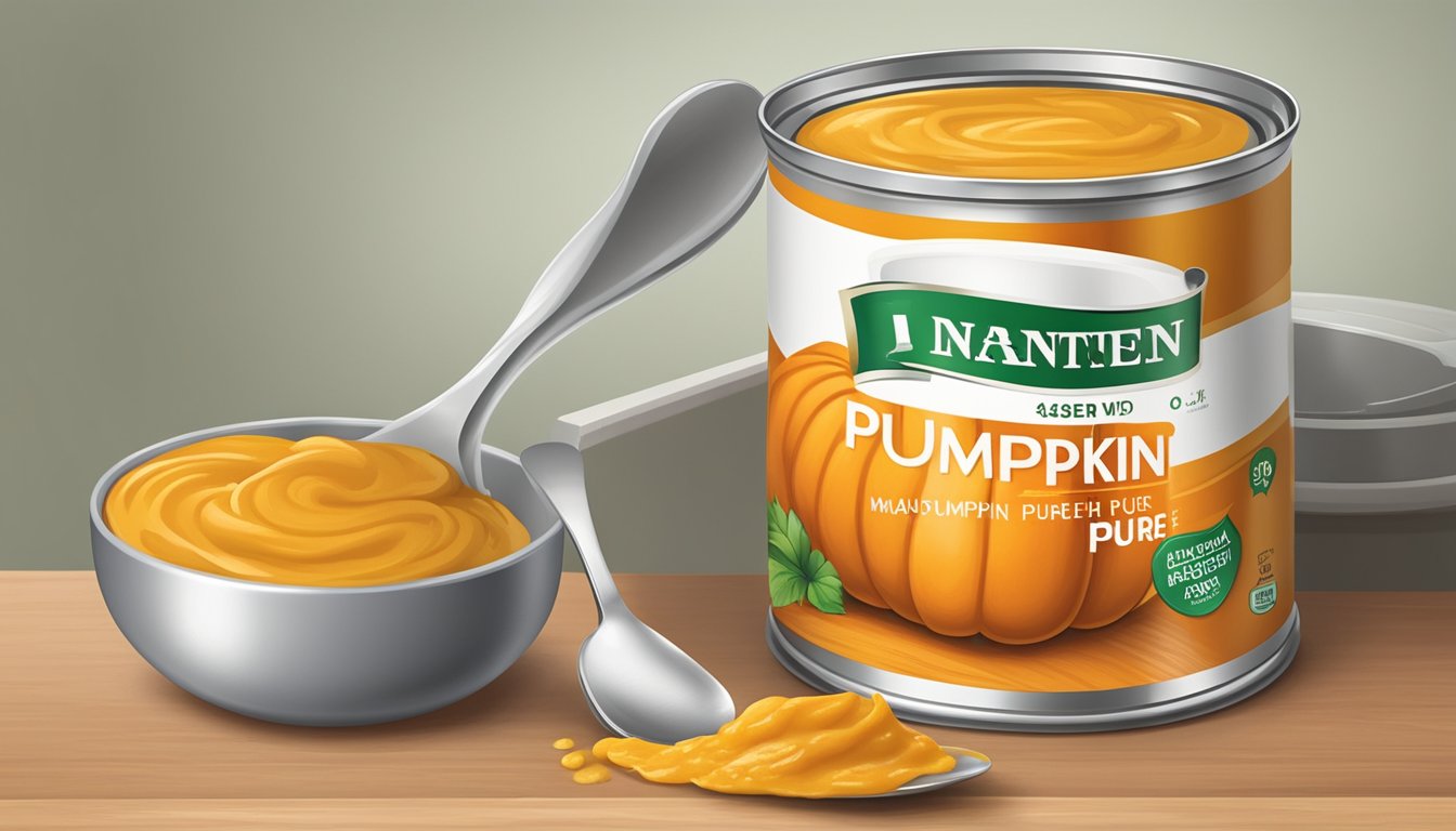 A can of pumpkin puree, 15 oz, sits on a kitchen counter next to a measuring cup and spoon