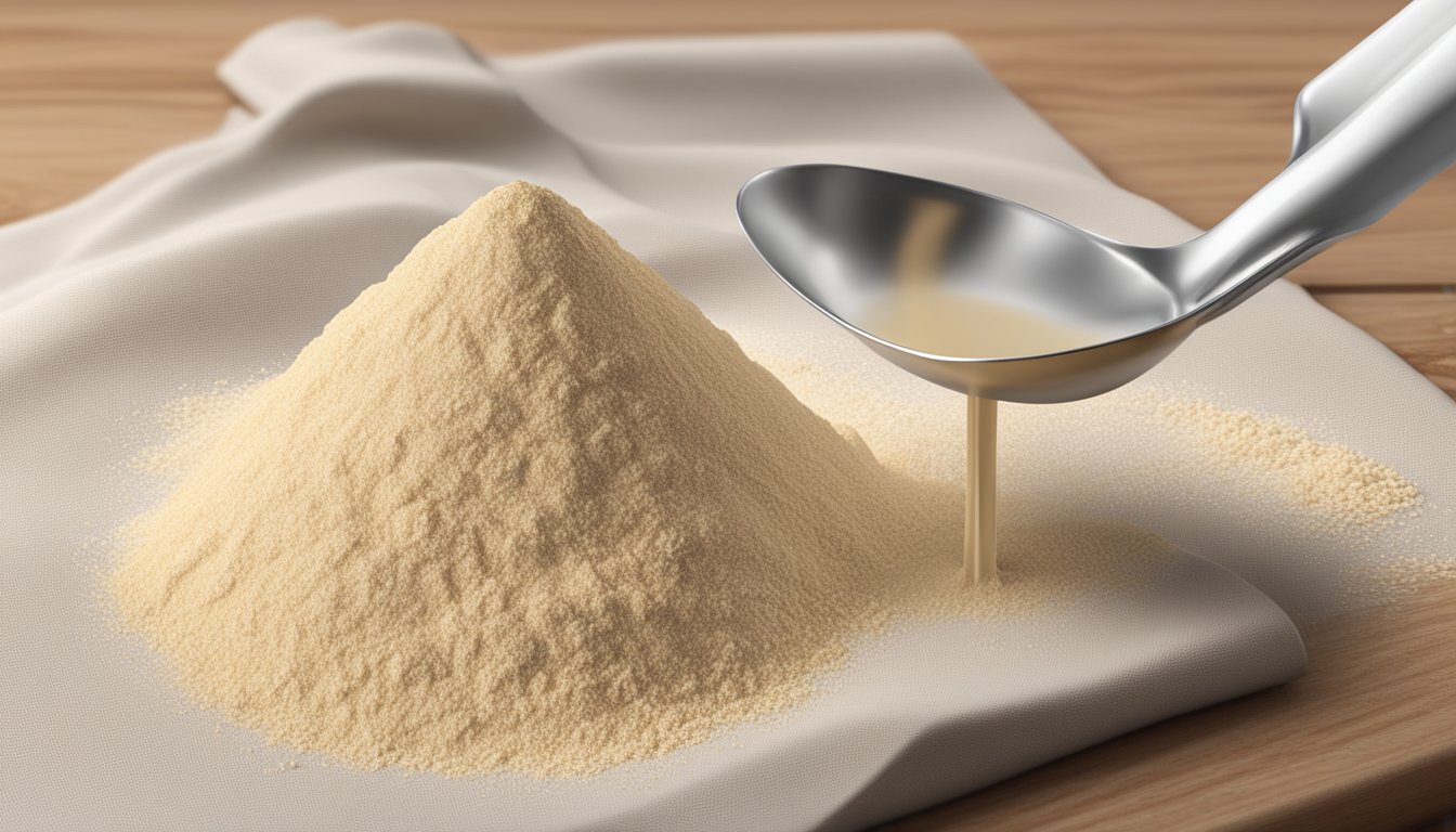 A pound of amaranth flour pouring into a measuring spoon, with a clear conversion chart in the background