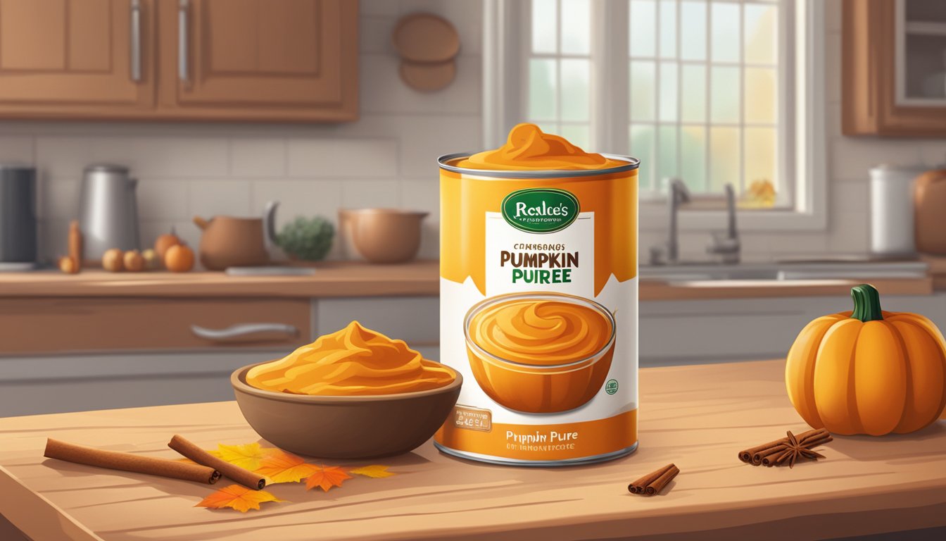 A can of pumpkin puree sits on a wooden kitchen counter, surrounded by autumn leaves and cinnamon sticks. The can is open, and some puree is spilling out onto a mixing bowl