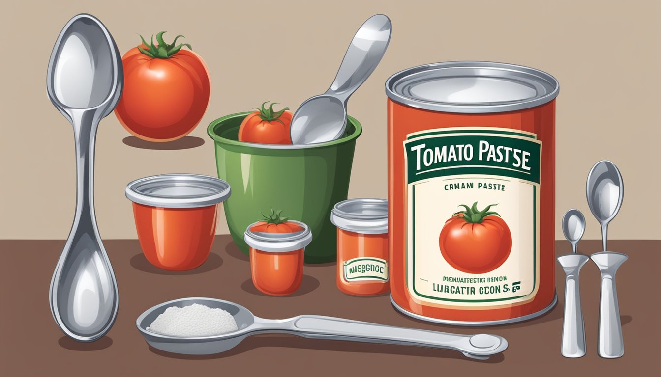 A can of tomato paste with a label displaying the weight in ounces, surrounded by various measuring cups and spoons