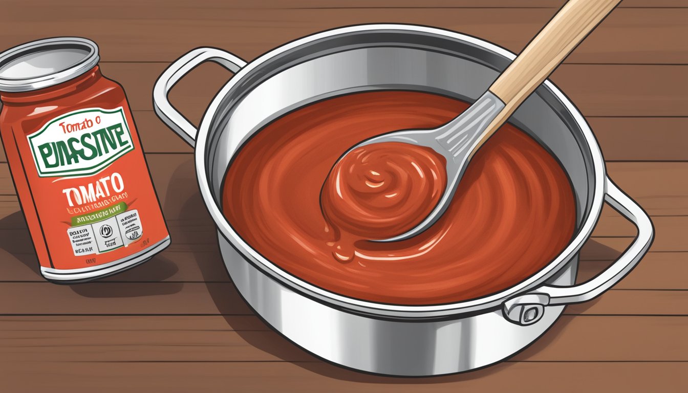 A can of tomato paste with a label showing "6 oz" and a spoonful of paste being added to a simmering pot of sauce