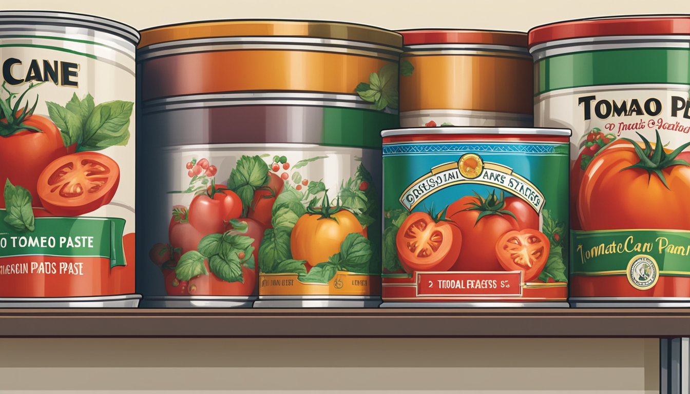 A can of tomato paste sits on a shelf, surrounded by other canned goods. The label is prominently displayed, and the can appears to be unopened