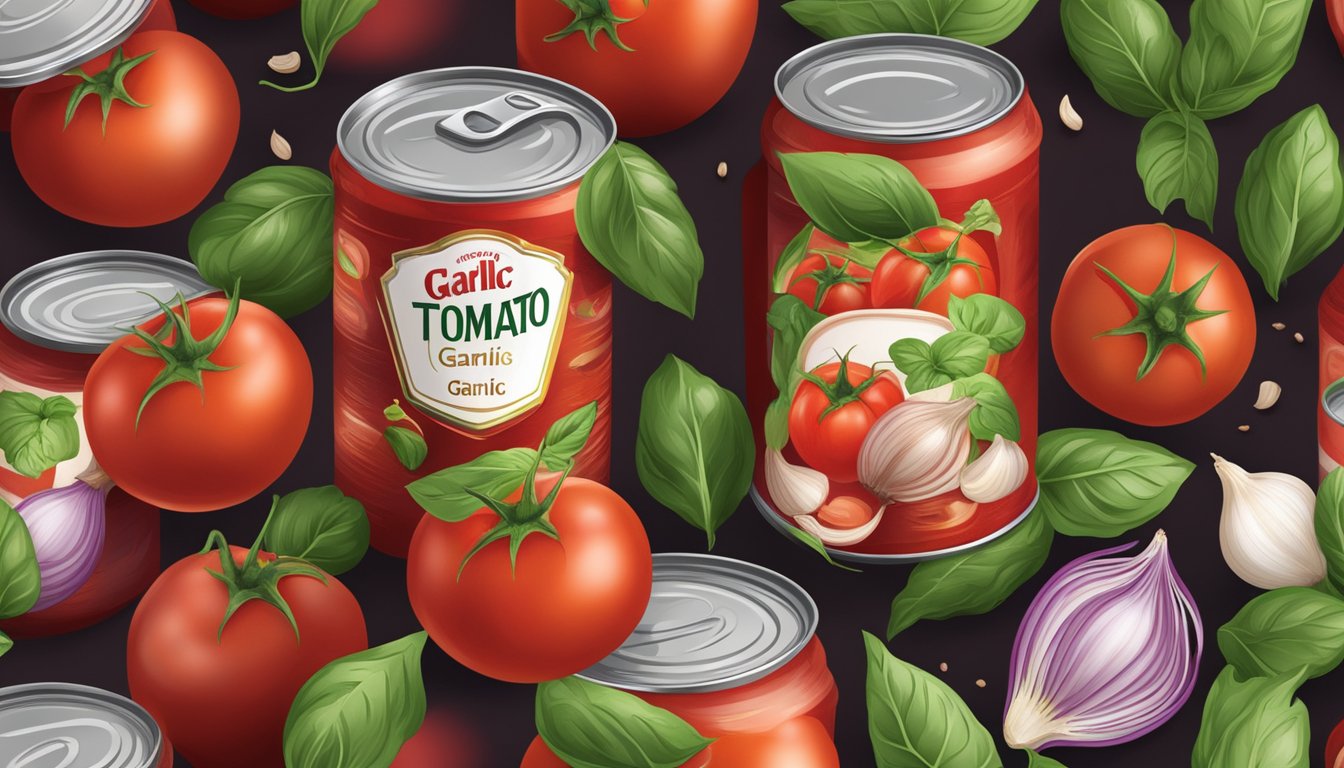 A can of tomato paste surrounded by garlic, onions, and basil