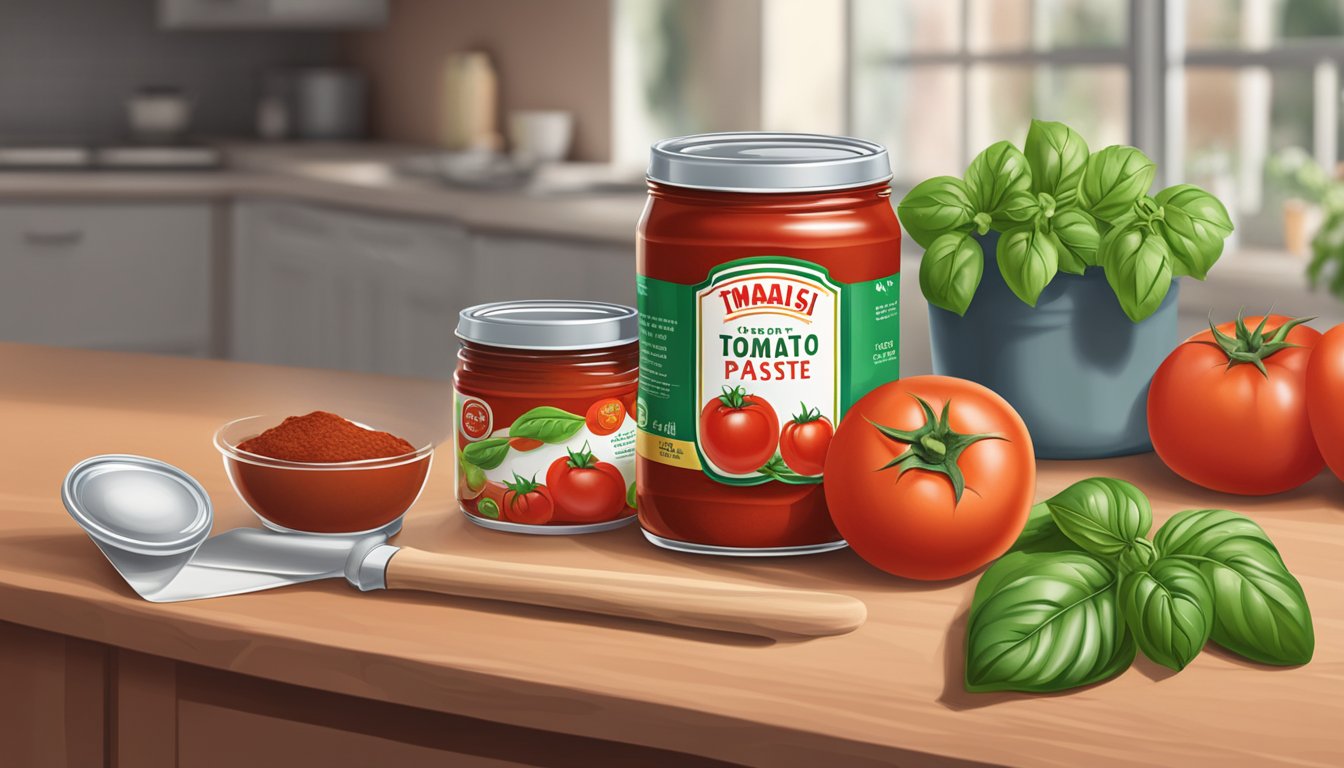 A can of tomato paste sits on a kitchen counter next to a measuring cup, with tomatoes and basil in the background