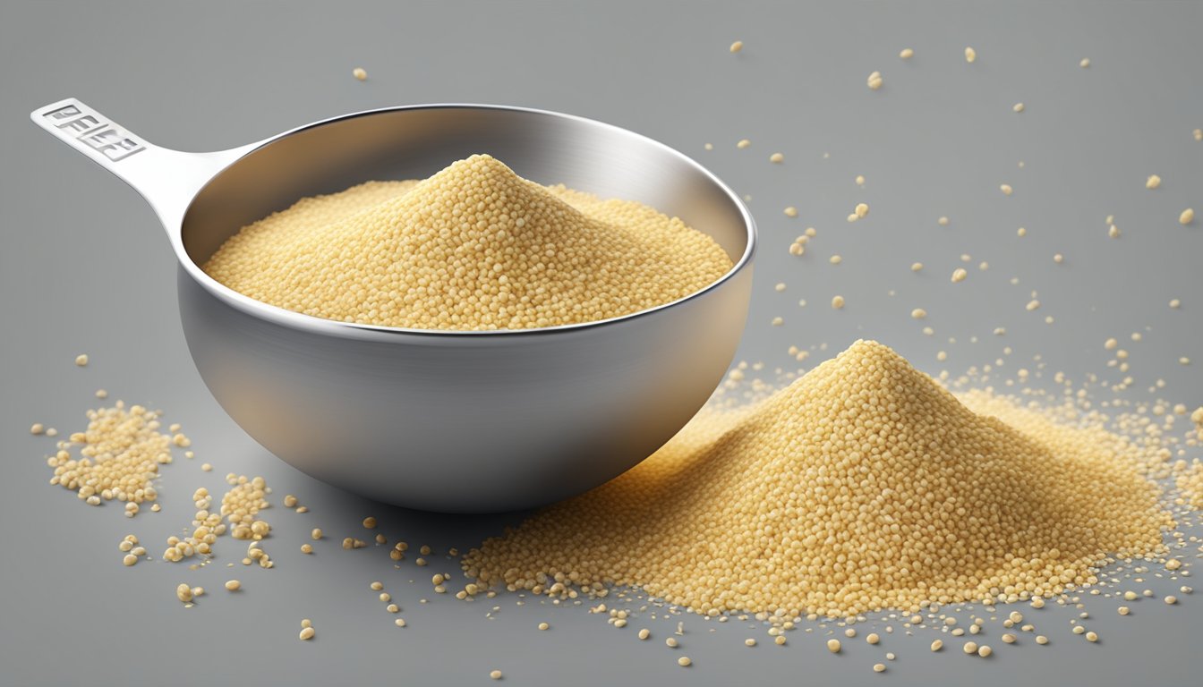 A pound of millet flour pouring into a measuring spoon, surrounded by scattered grains