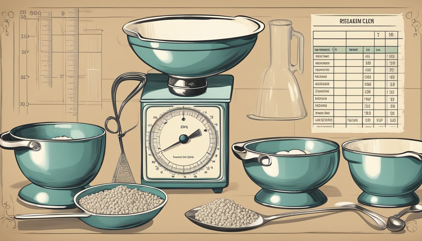 A vintage recipe card surrounded by measuring cups and spoons, with a modern digital scale and conversion chart nearby