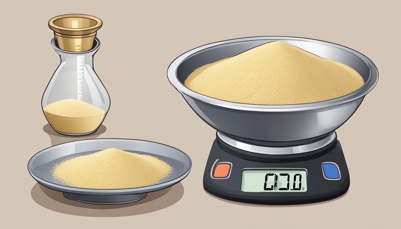 A measuring cup filled with millet flour next to a digital scale displaying the weight in pounds