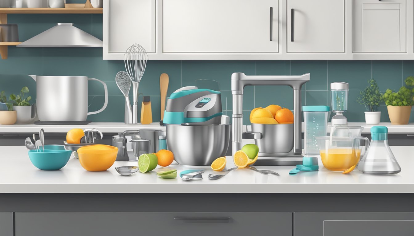 A modern kitchen with a variety of measurement tools laid out on a clean countertop, including measuring cups, spoons, and a digital scale