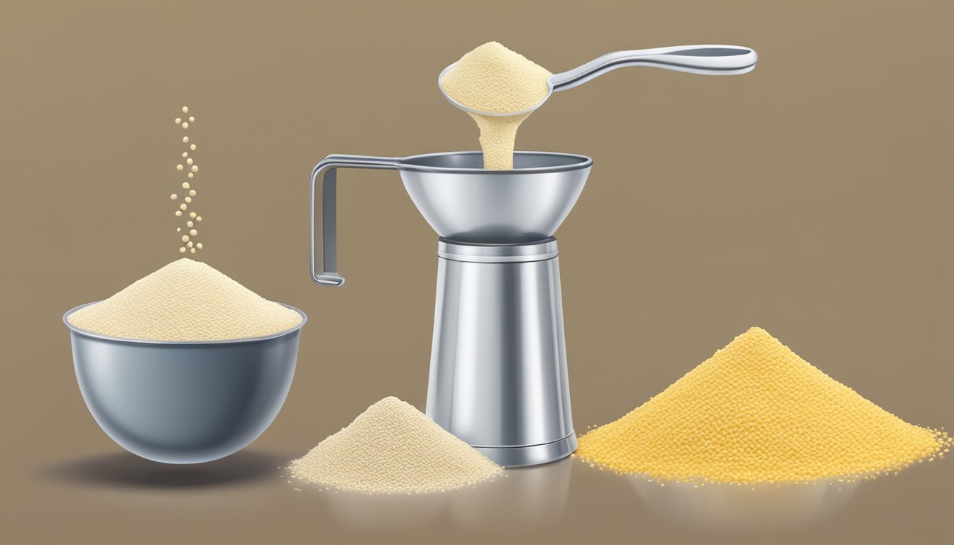 A measuring cup filled with millet flour pouring into a scale, displaying the conversion from pounds to tablespoons