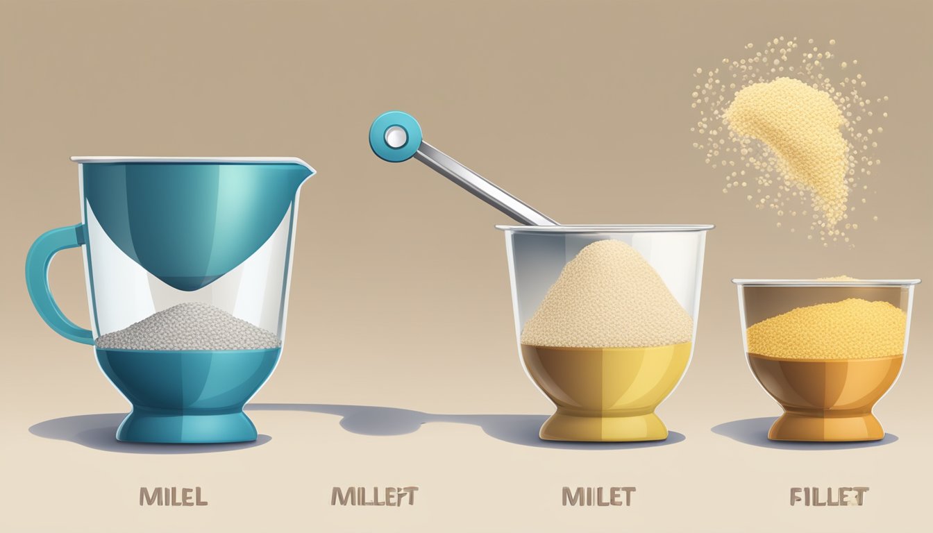 A measuring cup filled with millet flour pouring into a scale, showing the equivalent weight in pounds and tablespoons