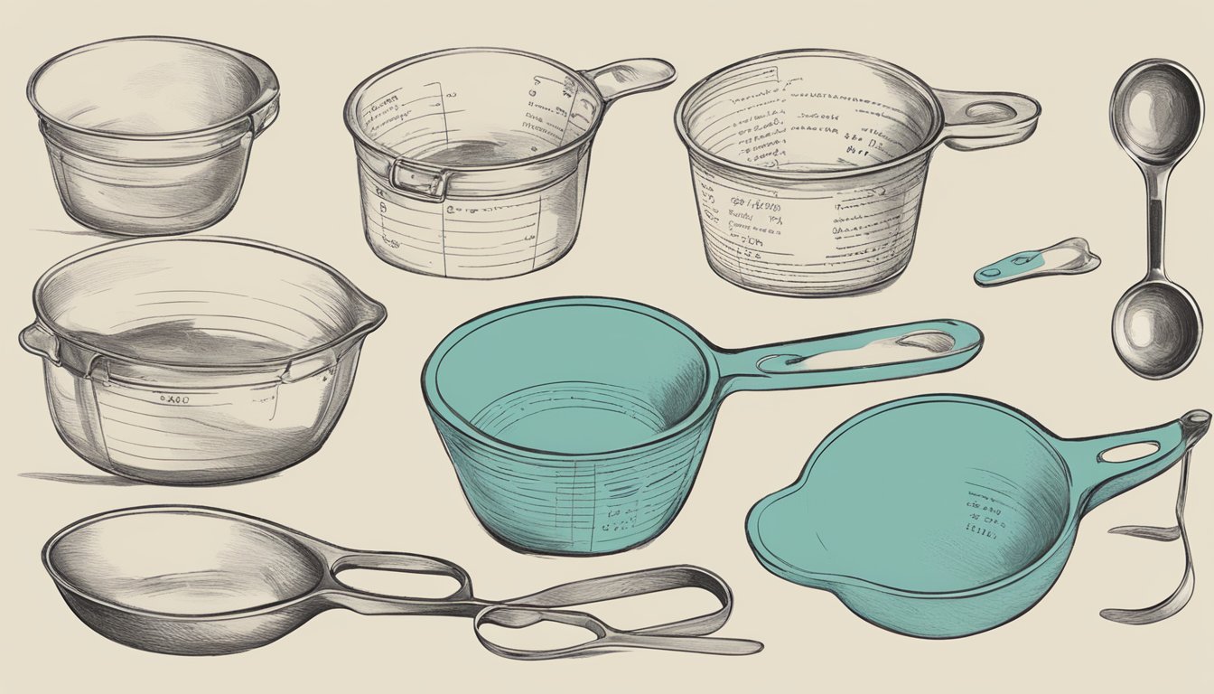 A vintage recipe card with handwritten measurements being converted to modern measuring cups and spoons