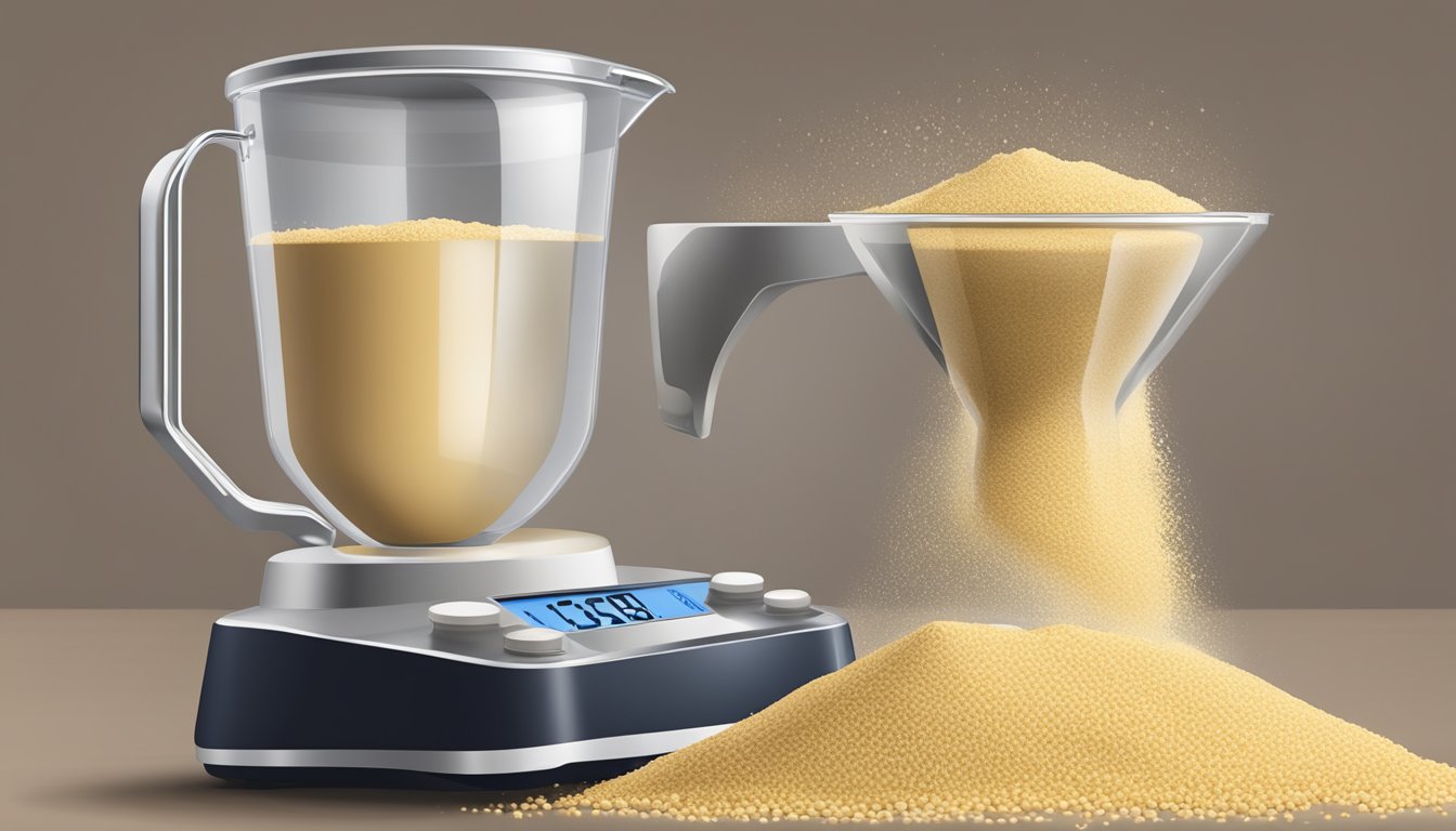 A measuring cup filled with millet flour pouring into a scale, showing the weight in pounds and the equivalent amount in tablespoons