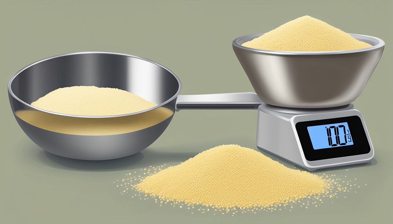 A measuring cup filled with millet flour next to a digital scale displaying the weight in pounds