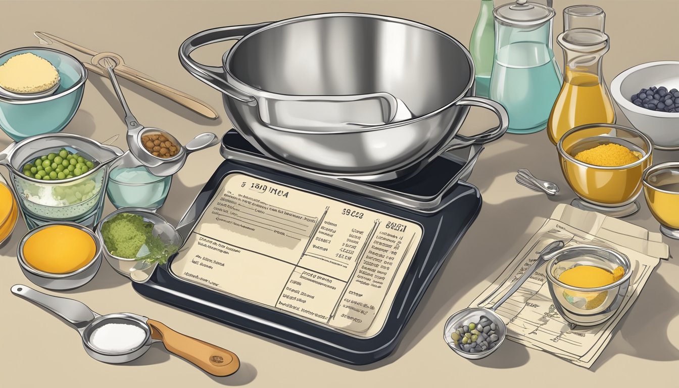 A vintage recipe card surrounded by measuring cups and spoons, with a modern kitchen scale in the background