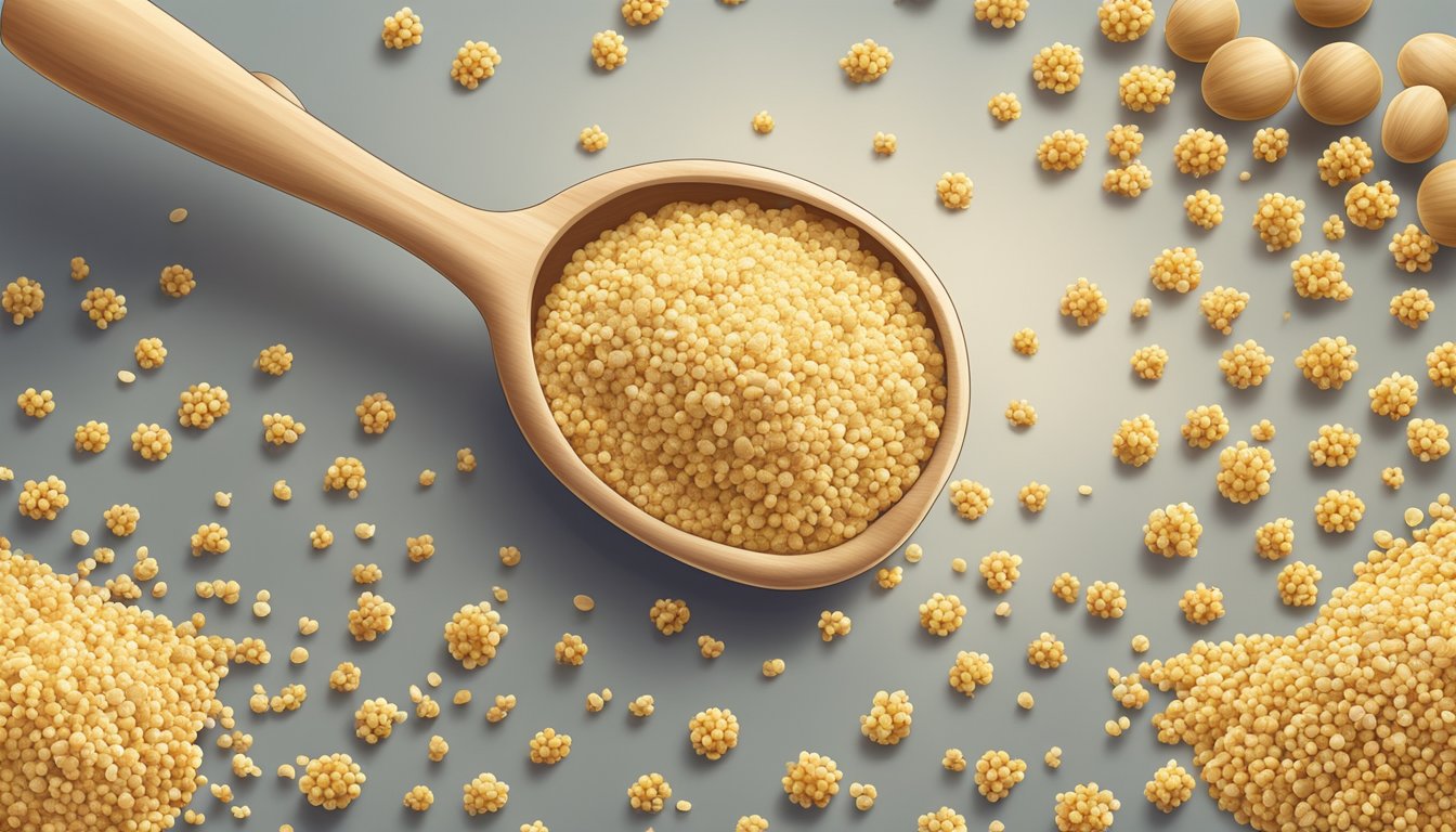 A pound of millet flour pouring into a measuring spoon, surrounded by scattered grains